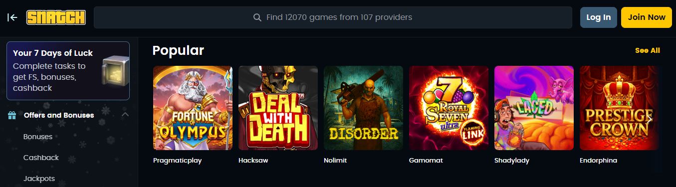 Browse popular slots from top providers at Snatch
